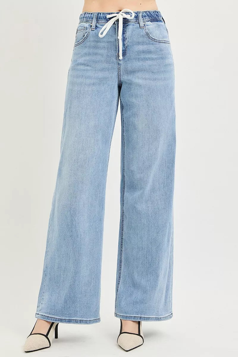 Hazel Blues® |  RISEN Elastic Band Slouchy Wide Jeans with Drawstring