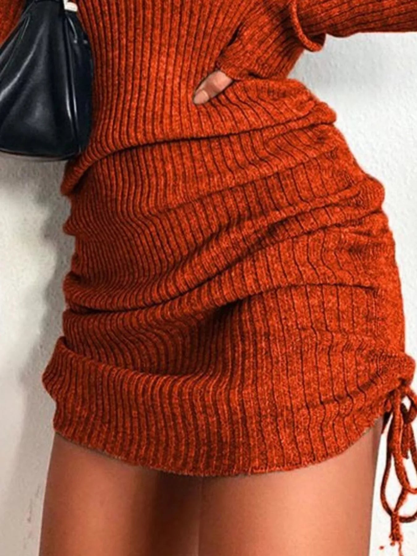 Hazel Blues® | Ribbed Knit Drawstring Bodycon Sweater Dress