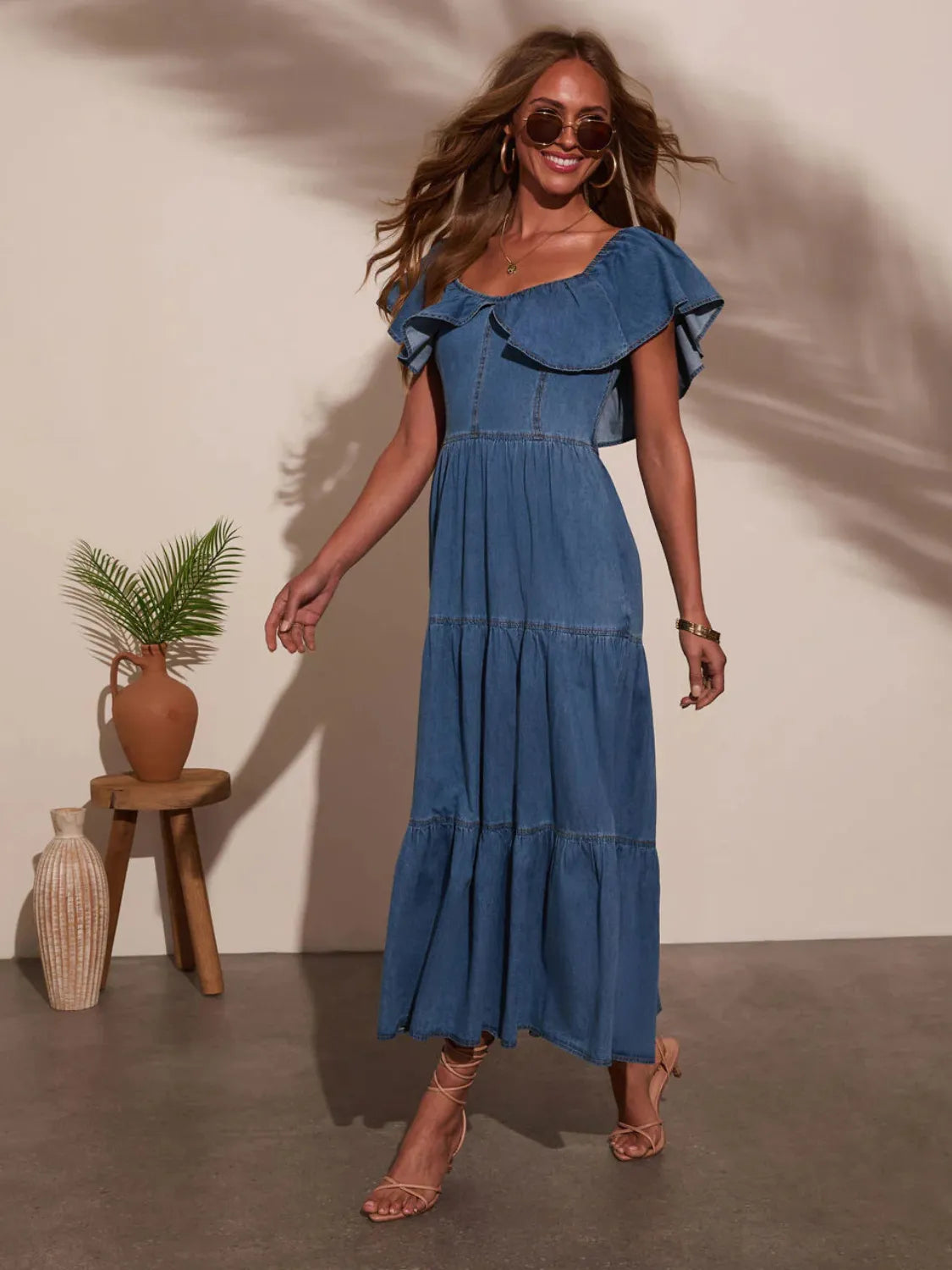 Hazel Blues® |  Off Shoulder Ruffle Tiered Denim Dress