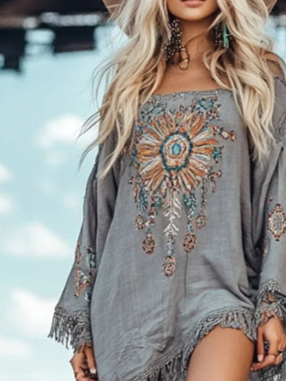 Hazel Blues® |  Fringe Hem Long Sleeve Mini Dress
