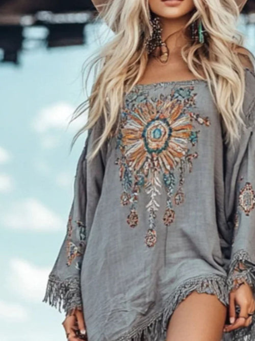 Hazel Blues® |  Fringe Hem Long Sleeve Mini Dress