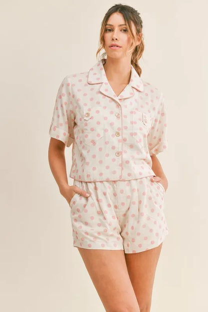 Hazel Blues® |  MABLE Polka Dot Collar Crop Top and Short Lounge Set