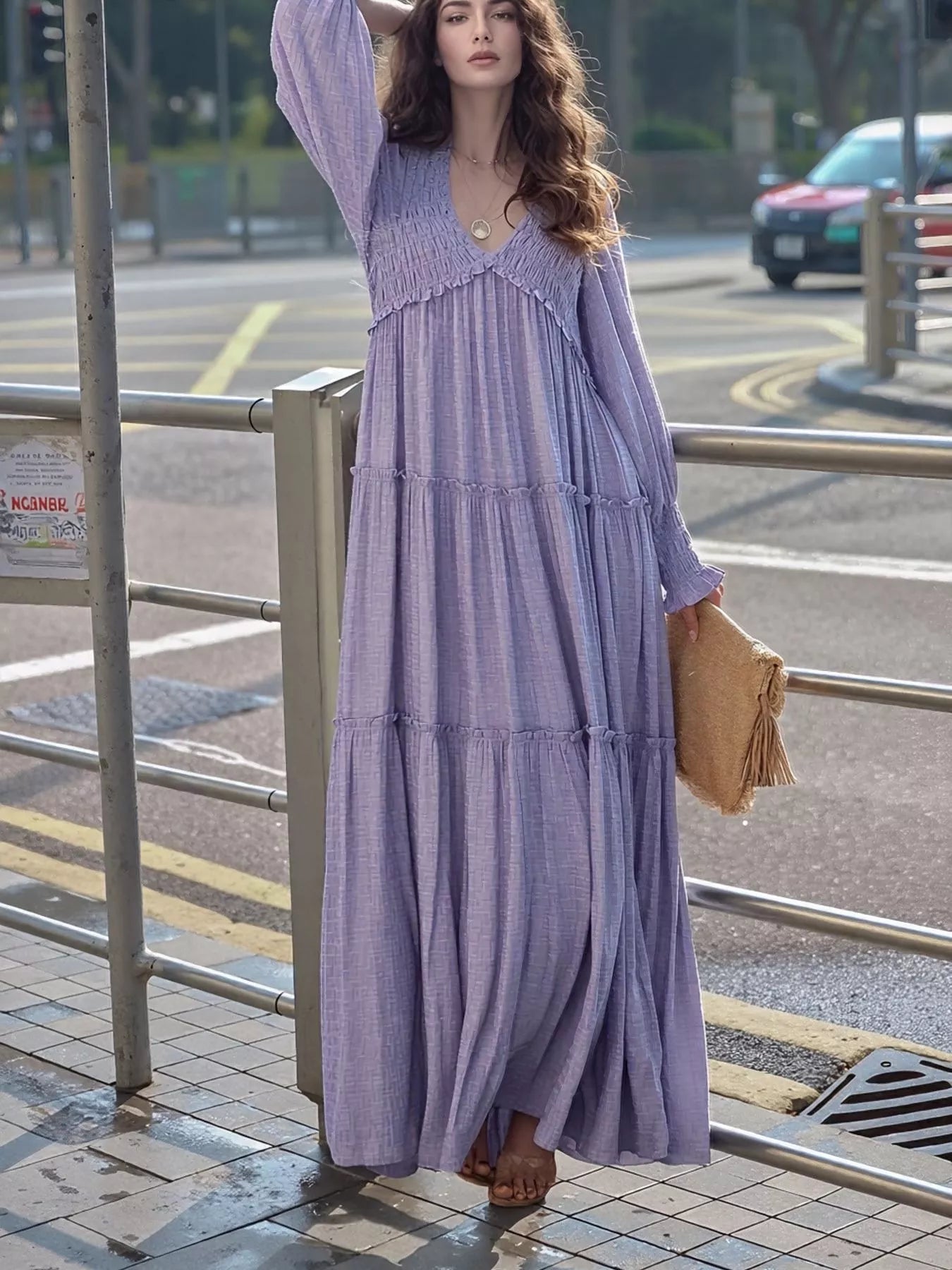 Hazel Blues® |  V-Neck Long Sleeve Tiered Maxi Dress
