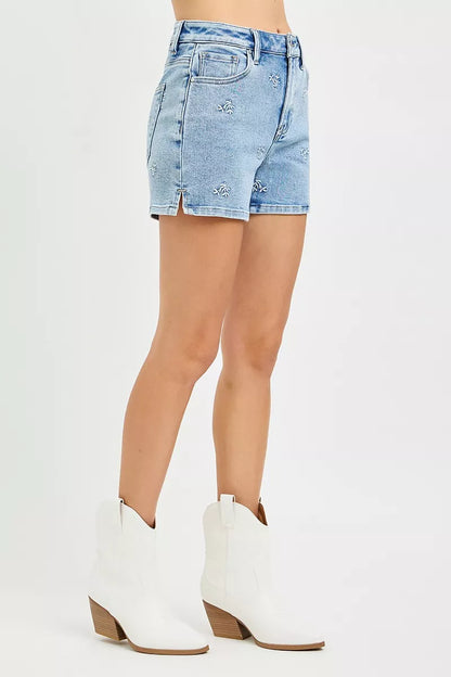 Hazel Blues® |  RISEN High Rise Denim Shorts with Embroidered Detail
