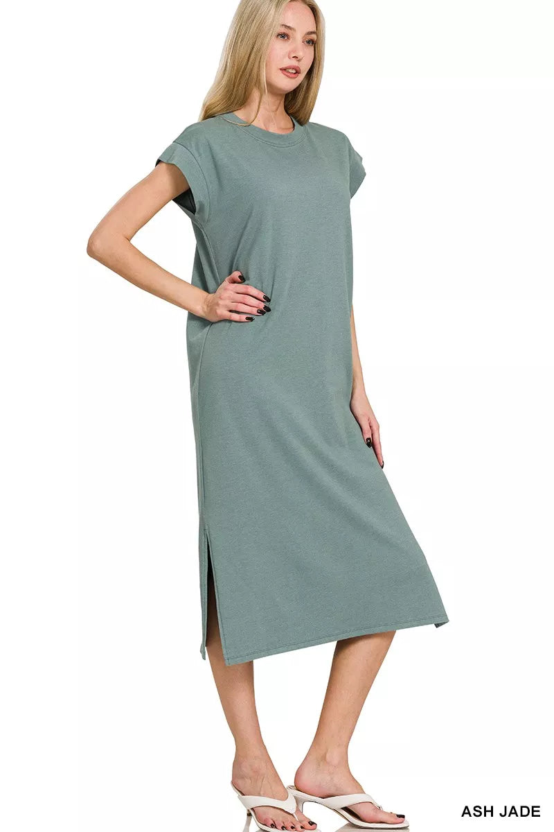 Hazel Blues® |  Zenana Round Neck Side Slit Midi Dress