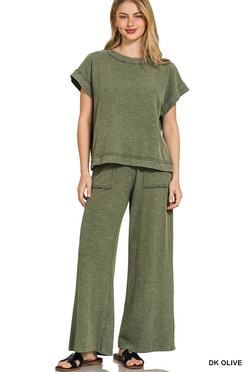 Hazel Blues® |  Zenana Washed Slub Short Sleeve Tee & Long Pants Set