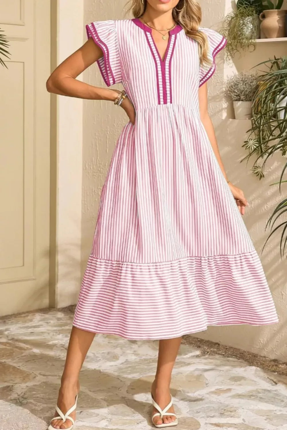 Hazel Blues® |  Striped Ruffle Sleeve Midi Dress