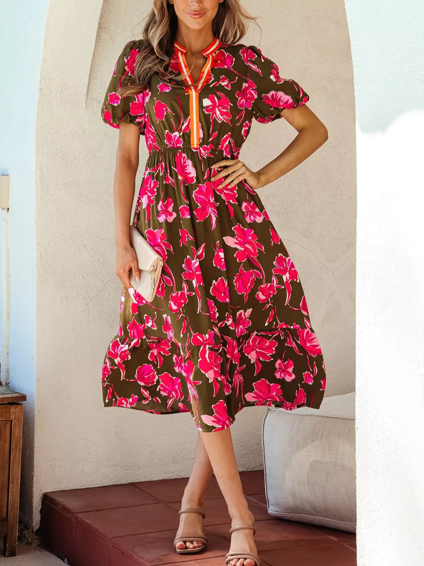 Hazel Blues® |  Floral Print Split Neck Short Puff Sleeve Ruffle Hem Dress