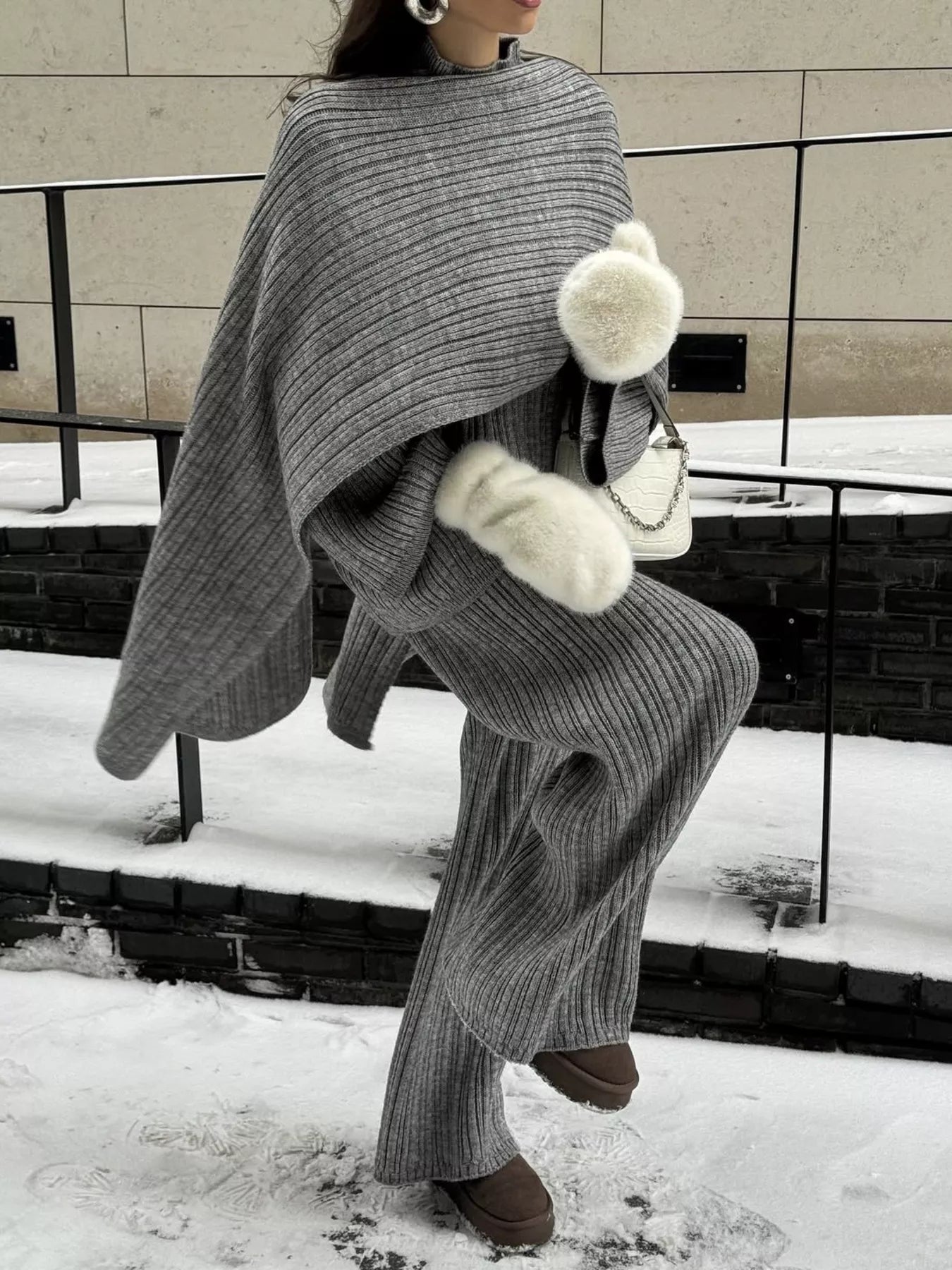 Hazel Blues® |  3-Piece Crew Neck Ribbed Sweater and Wide-Leg Pants Set with Scarf