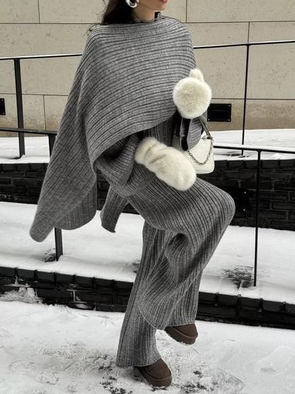 Hazel Blues® |  3-Piece Crew Neck Ribbed Sweater and Wide-Leg Pants Set with Scarf