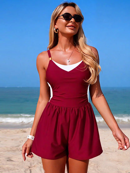 Hazel Blues® | Color Block Adjustable Strap One-Piece Swimsuit