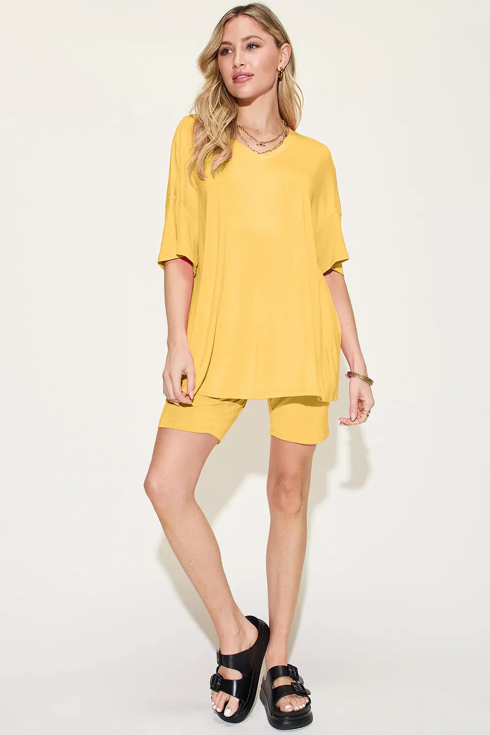 Hazel Blues® |  Basic Bae Bamboo V-Neck Drop Shoulder T-Shirt and Shorts Set