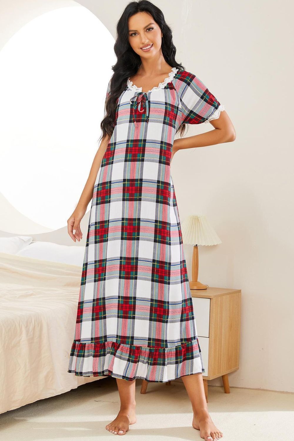 Hazel Blues® |  Plaid Lace Trim Ruffle Hem Night Dress