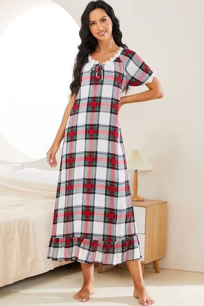 Hazel Blues® |  Plaid Lace Trim Ruffle Hem Night Dress