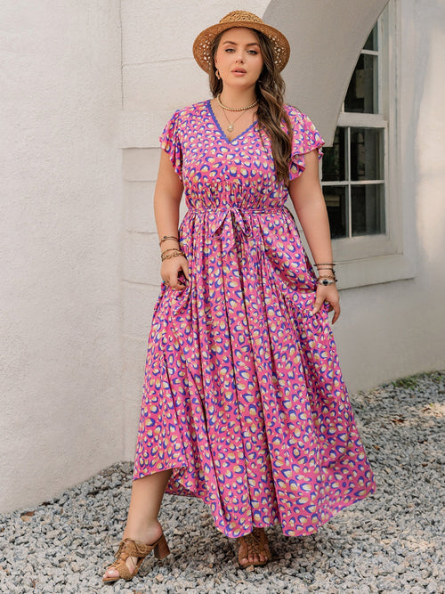Hazel Blues® | Printed V-Neck Flutter Sleeve Tie Waist Maxi Dress