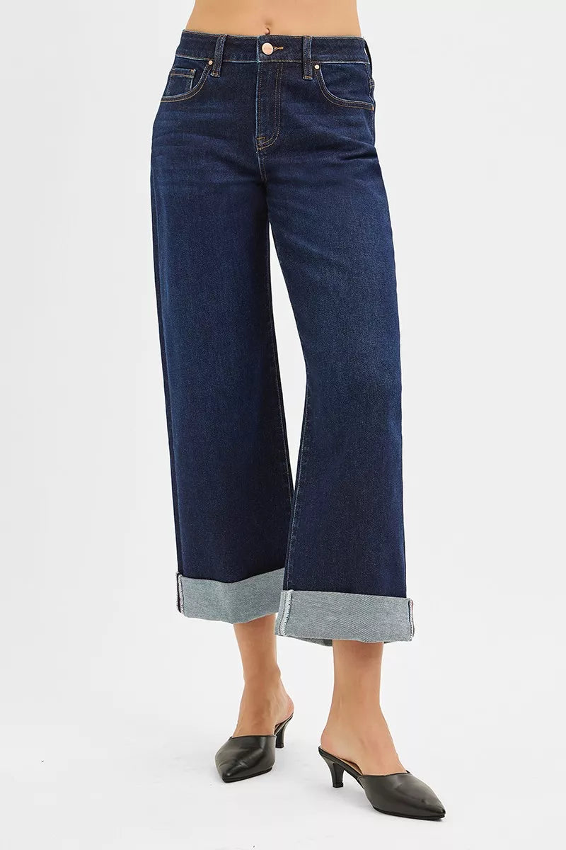 Hazel Blues® |  RISEN Mid Rise Fit Ankle Wide Roll Up Jeans