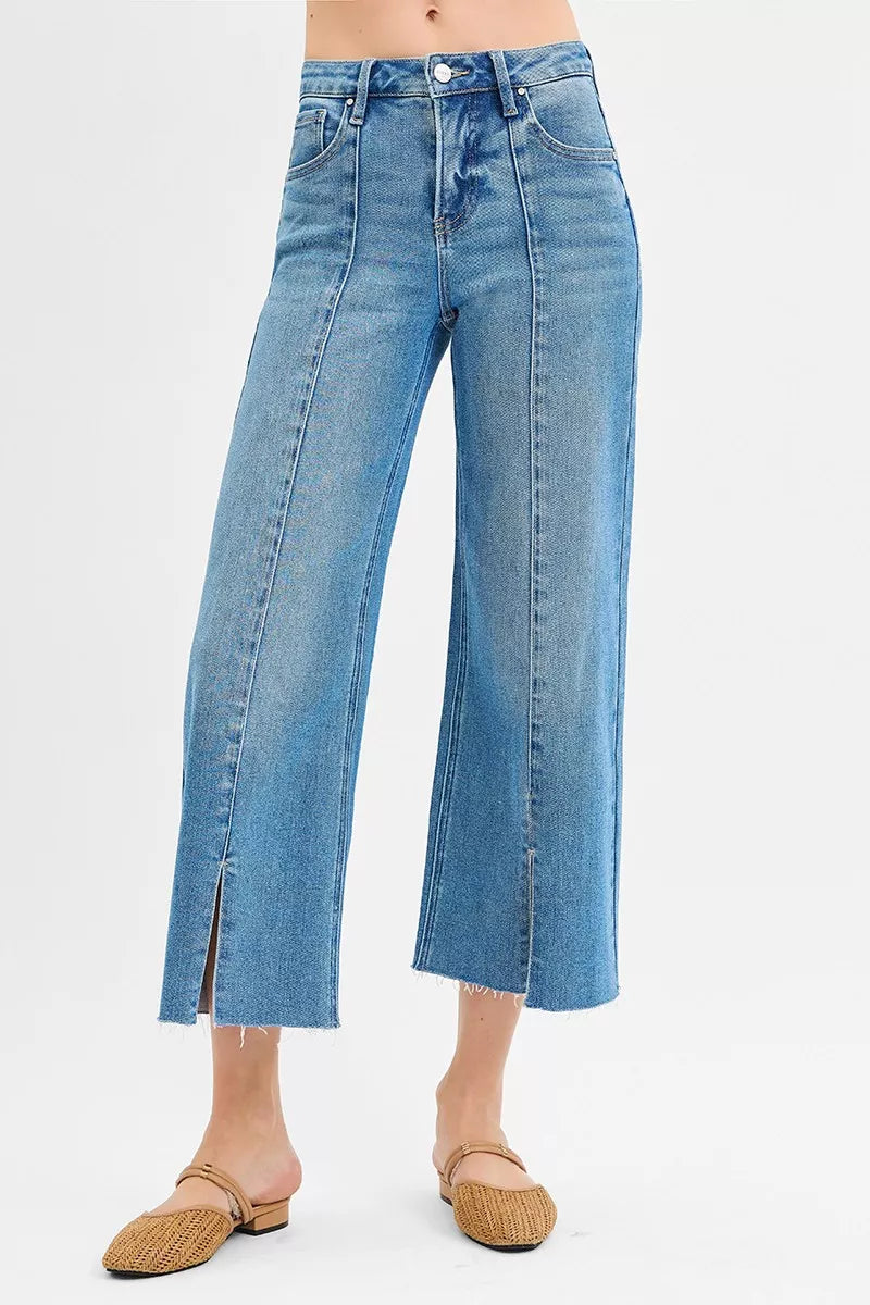Hazel Blues® |  RISEN Tummy Control Mid Rise Crop Wide Front Slit Jeans