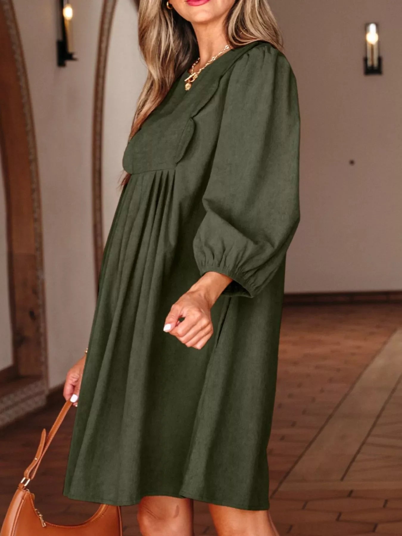 Hazel Blues® |  Bracelet Sleeve Split Neck Scallop Detail Pleated Corduroy Mini Dress