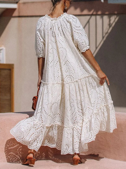 Hazel Blues® |  Tie Neck Half Sleeve Tiered Dress