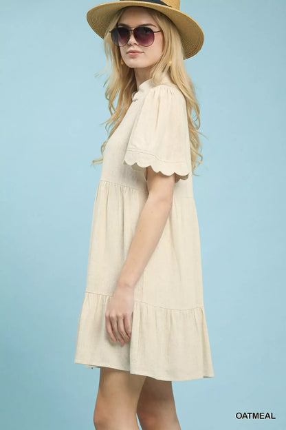 Hazel Blues® |  Umgee Linen Tiered Babydoll Dress with Scalloped Sleeves