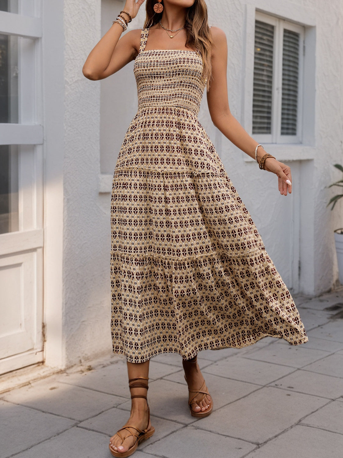 Hazel Blues® |  Printed Tiered Wide Strap Midi Dress