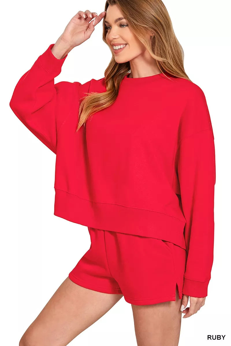 Hazel Blues® |  Zenana Fleece Round Neck Sweatshirt and Shorts Set