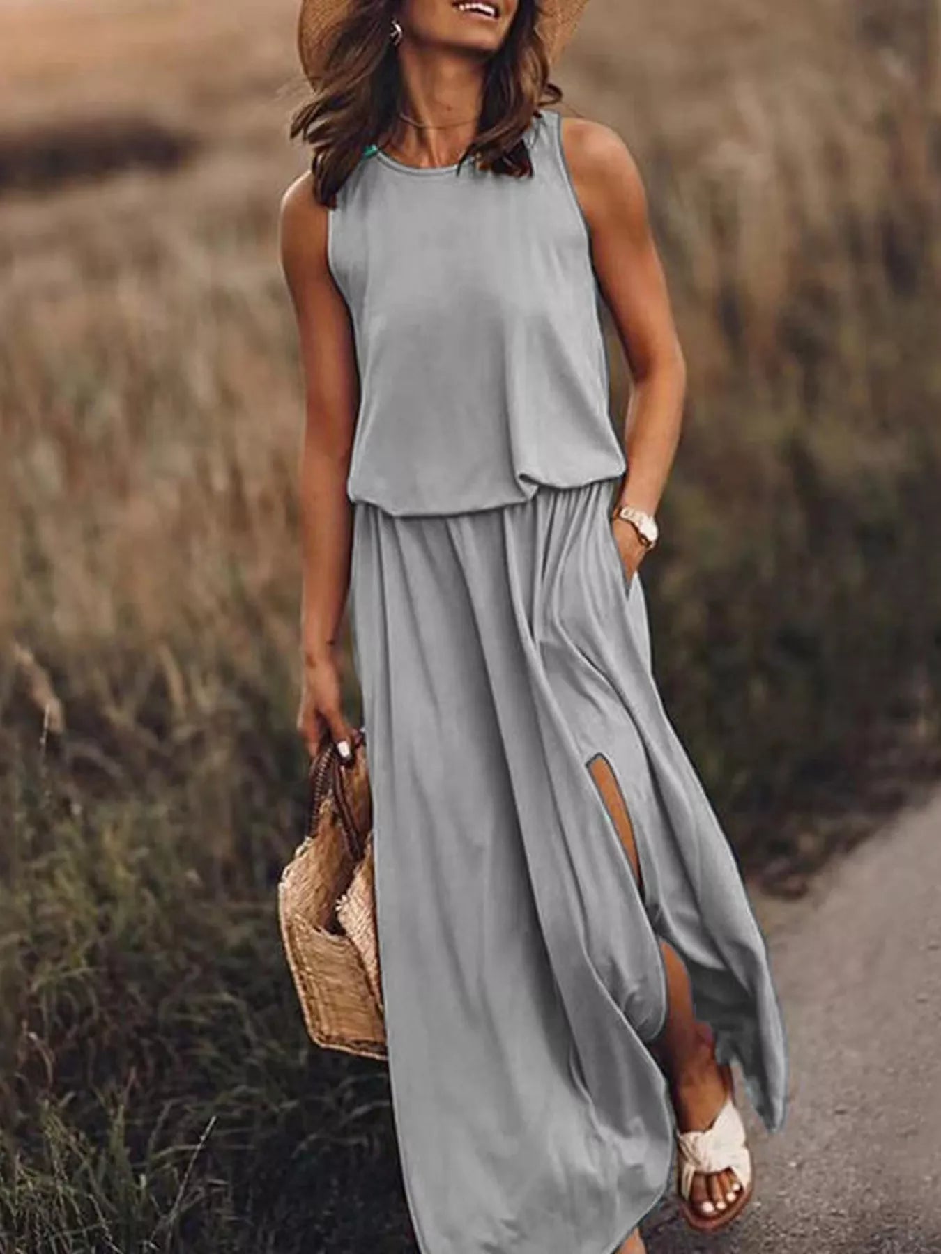 Hazel Blues® | Round Neck Sleeveless Slit Maxi Dress