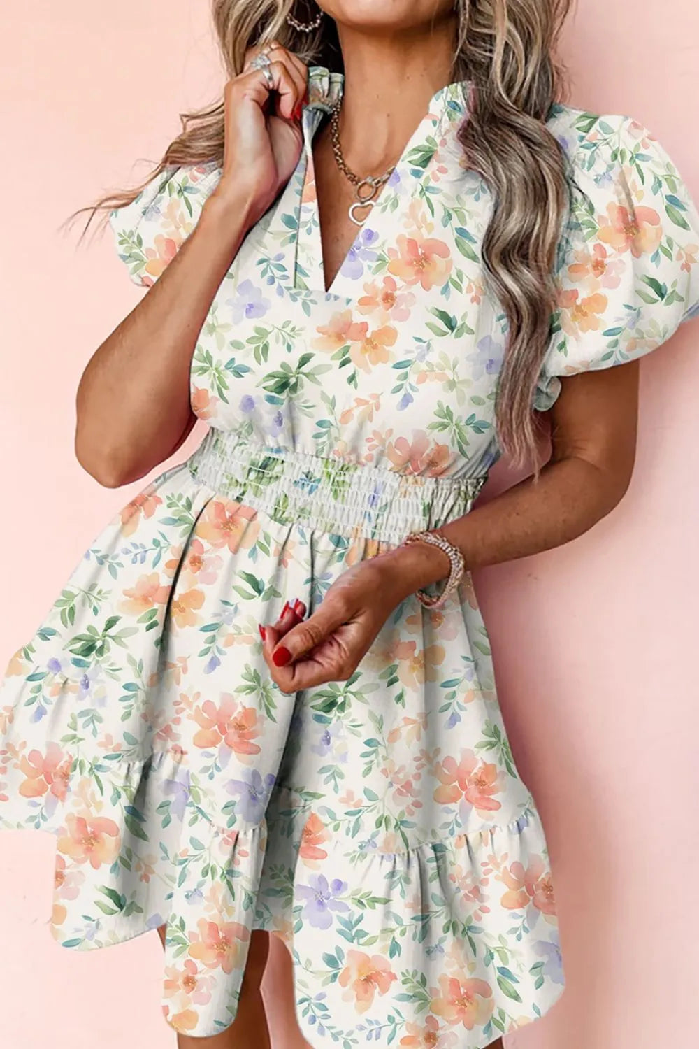 Hazel Blues® |  Frill Notched Puff Sleeve Dress