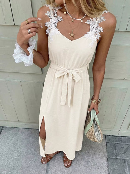 Hazel Blues® |  Lace Trimmed Slit Maxi Dress