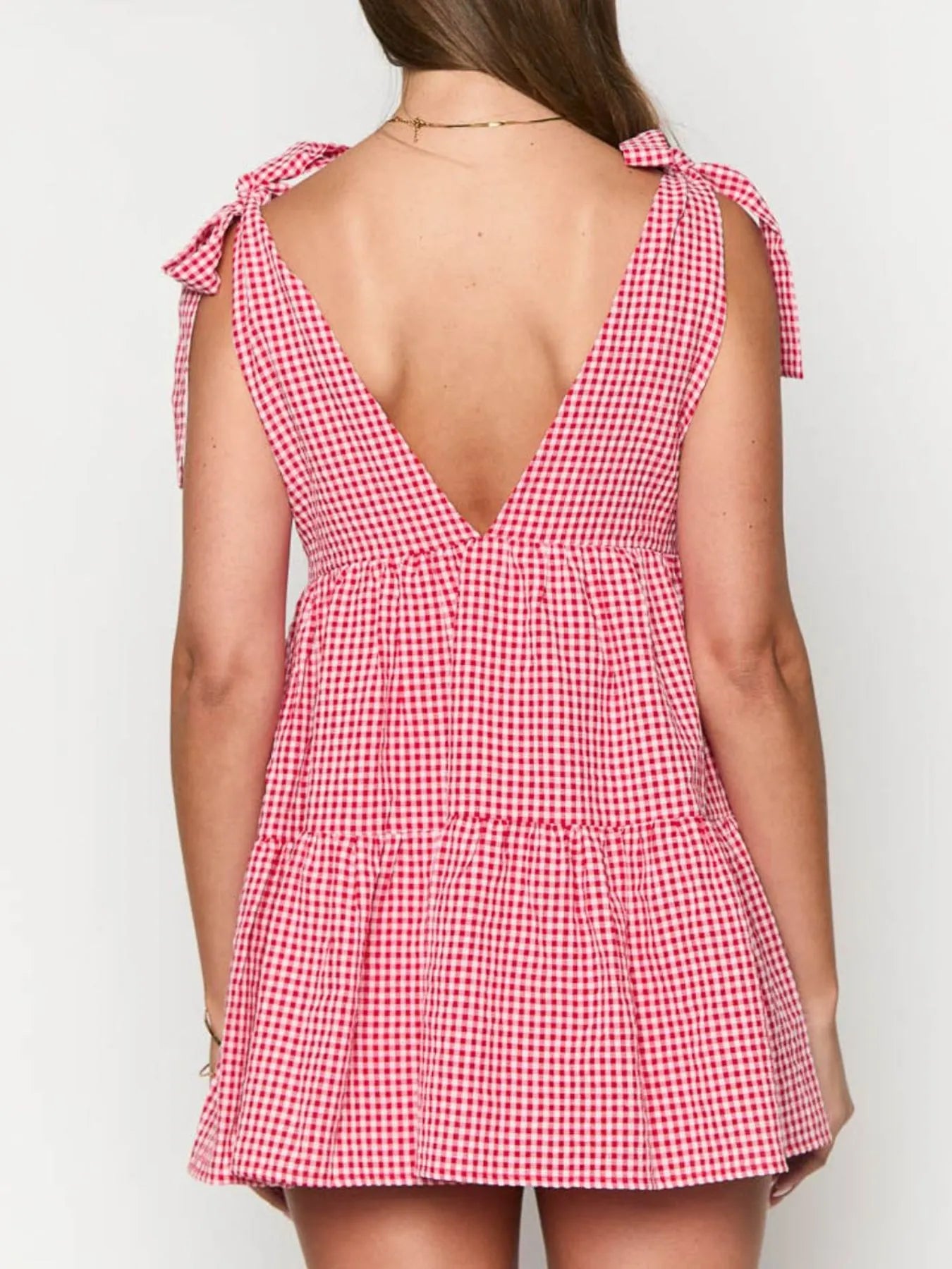 Hazel Blues® |  Gingham Tie Shoulder Mini Dress