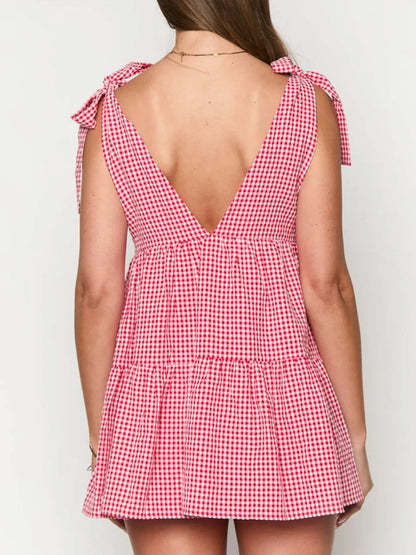 Hazel Blues® |  Gingham Tie Shoulder Mini Dress