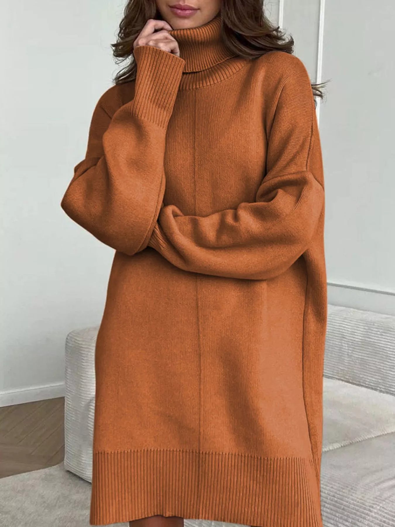 Hazel Blues® |  Solid Color Turtleneck Drop Shoulder Loose Sweater Dress