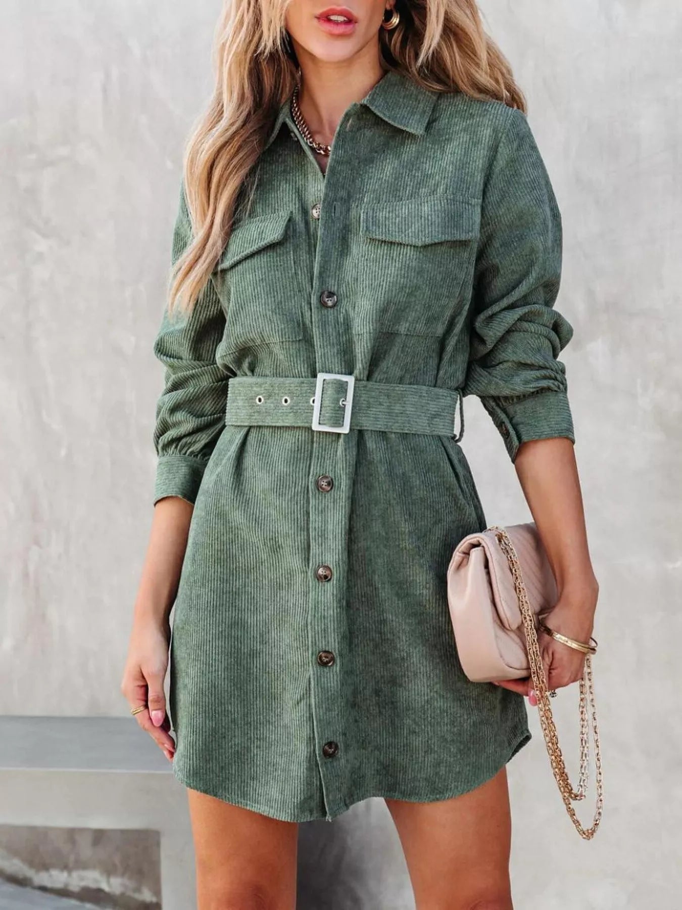 Hazel Blues® |  Button Front Belt Long Sleeve Corduroy Dress