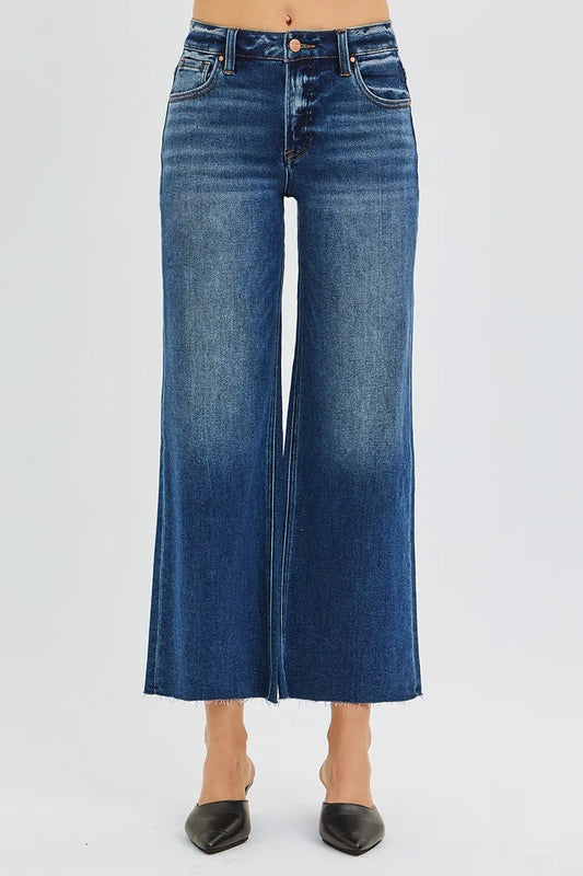 Hazel Blues® | RISEN Mid Rise Crop Wide Raw Cut Hem Jeans