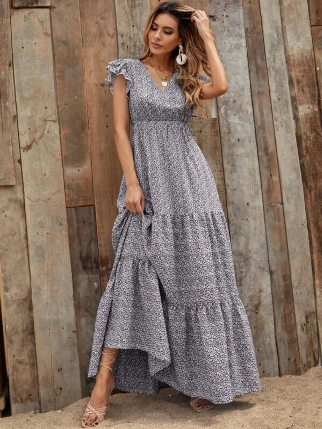 Hazel Blues® |  Printed V-Neck Ruffled Cap Sleeve Maxi Dress