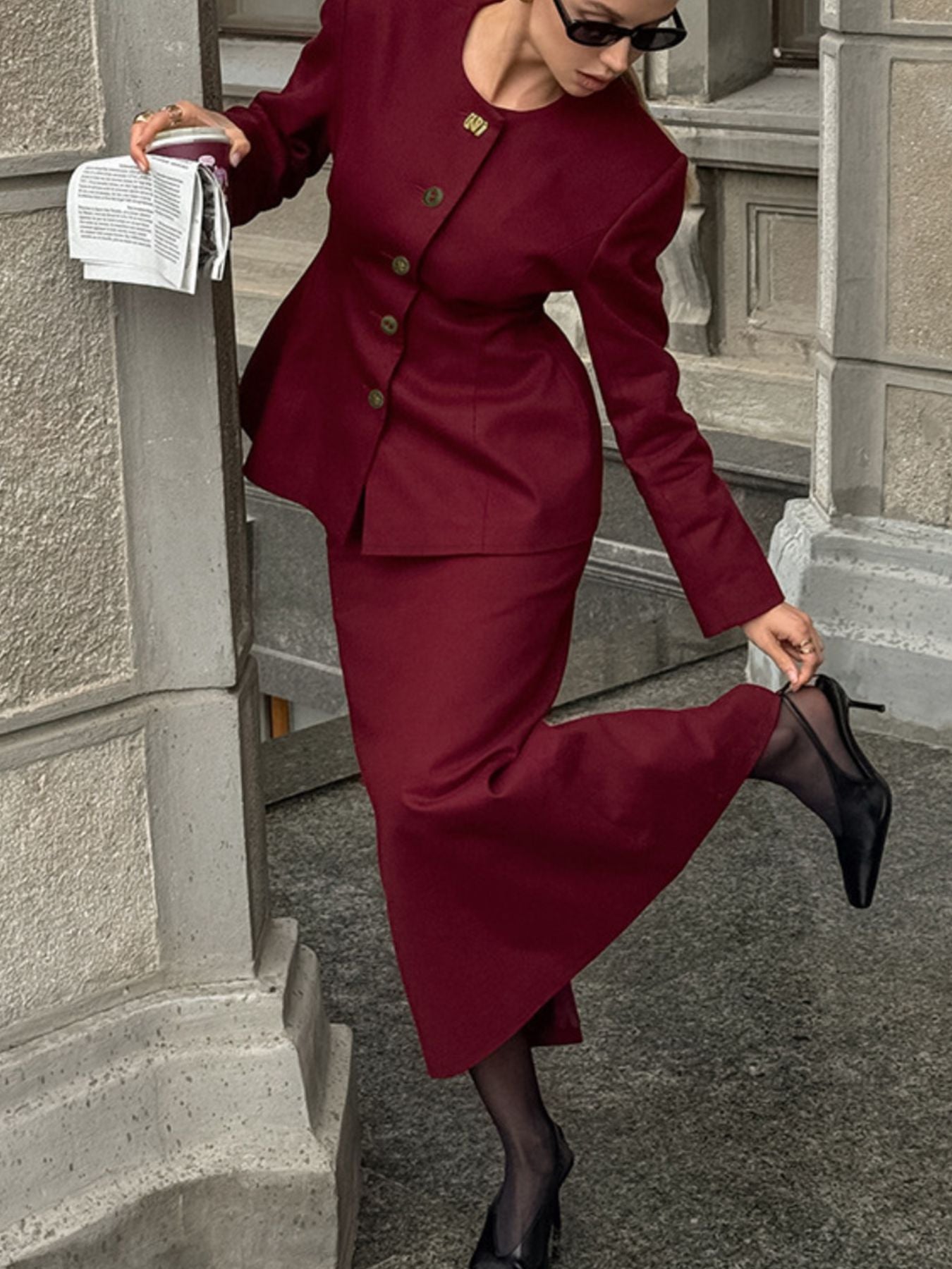 Hazel Blues® |  Button Up Peplum Blazer & Skirt Set