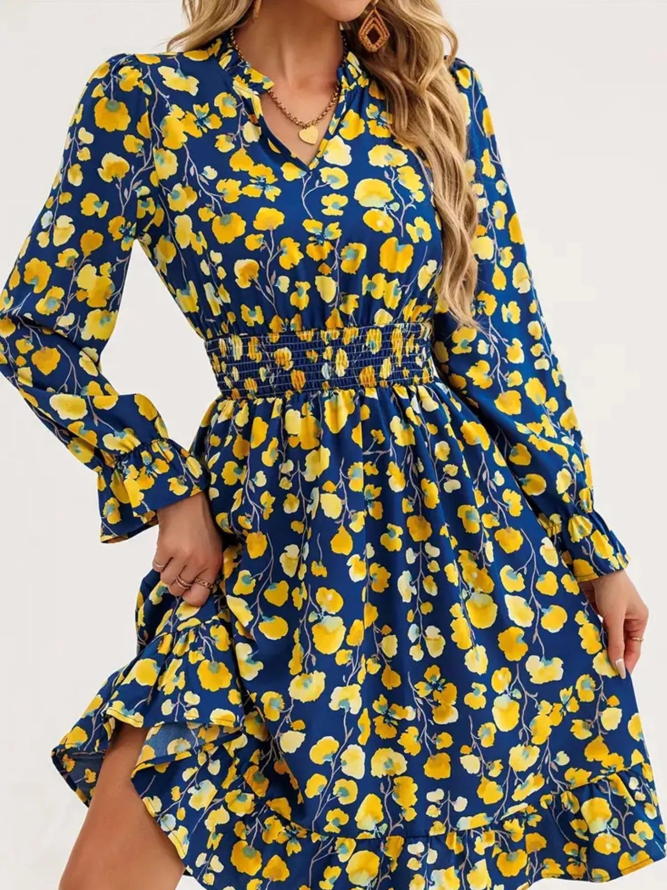 Hazel Blues® |  Floral Notched Flounce Sleeve Dress