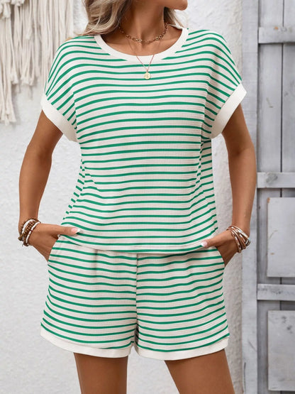 Hazel Blues® |  Striped Casual Round Neck Top and Shorts Set