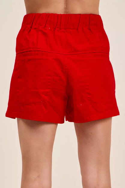 Hazel Blues® |  SO ME Solid Twill Denim Pintucked Buttoned Shorts With Waist Tie