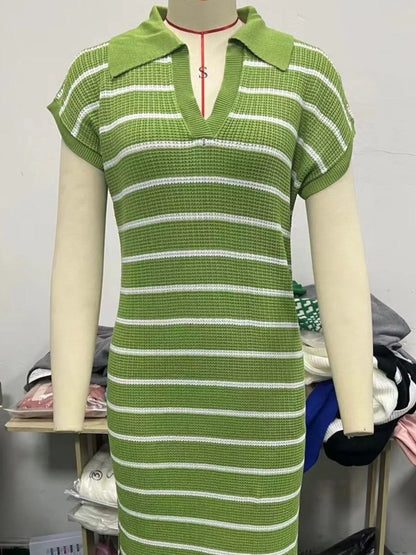 Hazel Blues® |  Striped Knit Slit Short Sleeve Midi Dress