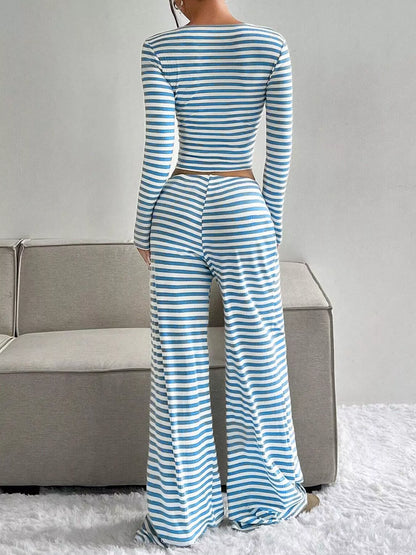 Hazel Blues® |  Striped Long Sleeve Crop Top & Wide Leg Pants Set