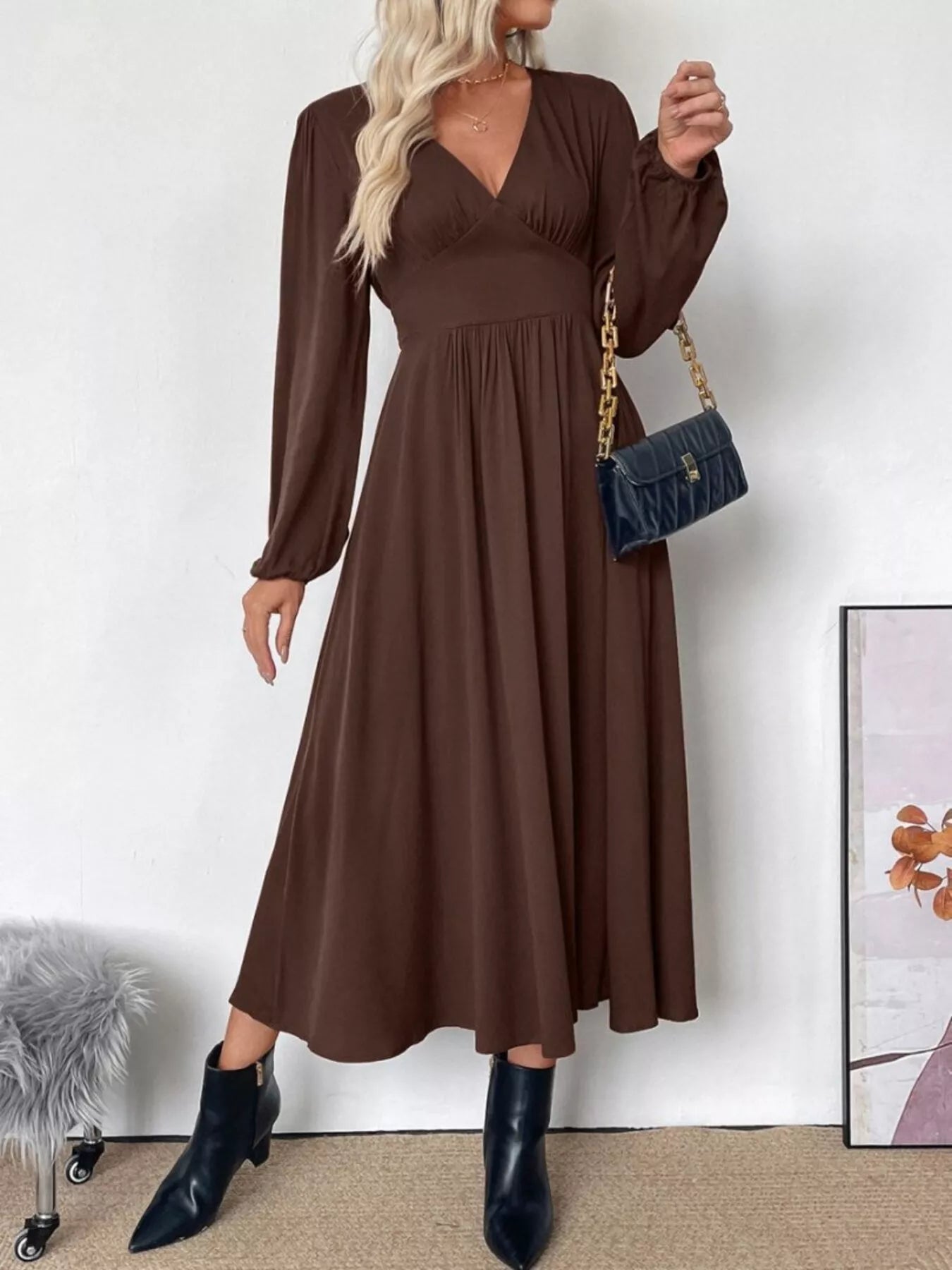 Hazel Blues® |  V-Neck Balloon Sleeve Midi Dress