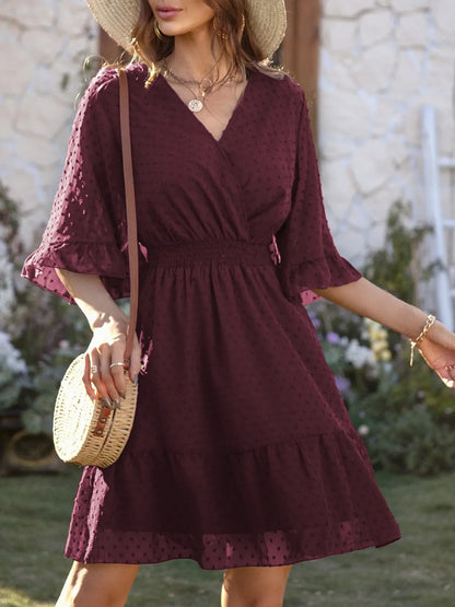 Hazel Blues® |  Swiss Dot Flare Sleeve Wrap Mini Dress