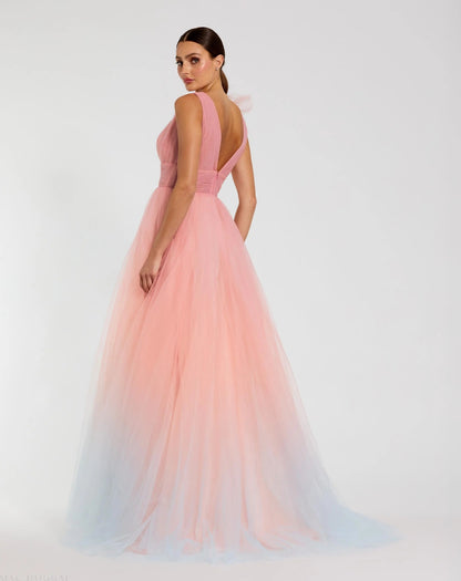 Pink Ruffle Shoulder V Neck Ombre Tulle Ball Gown