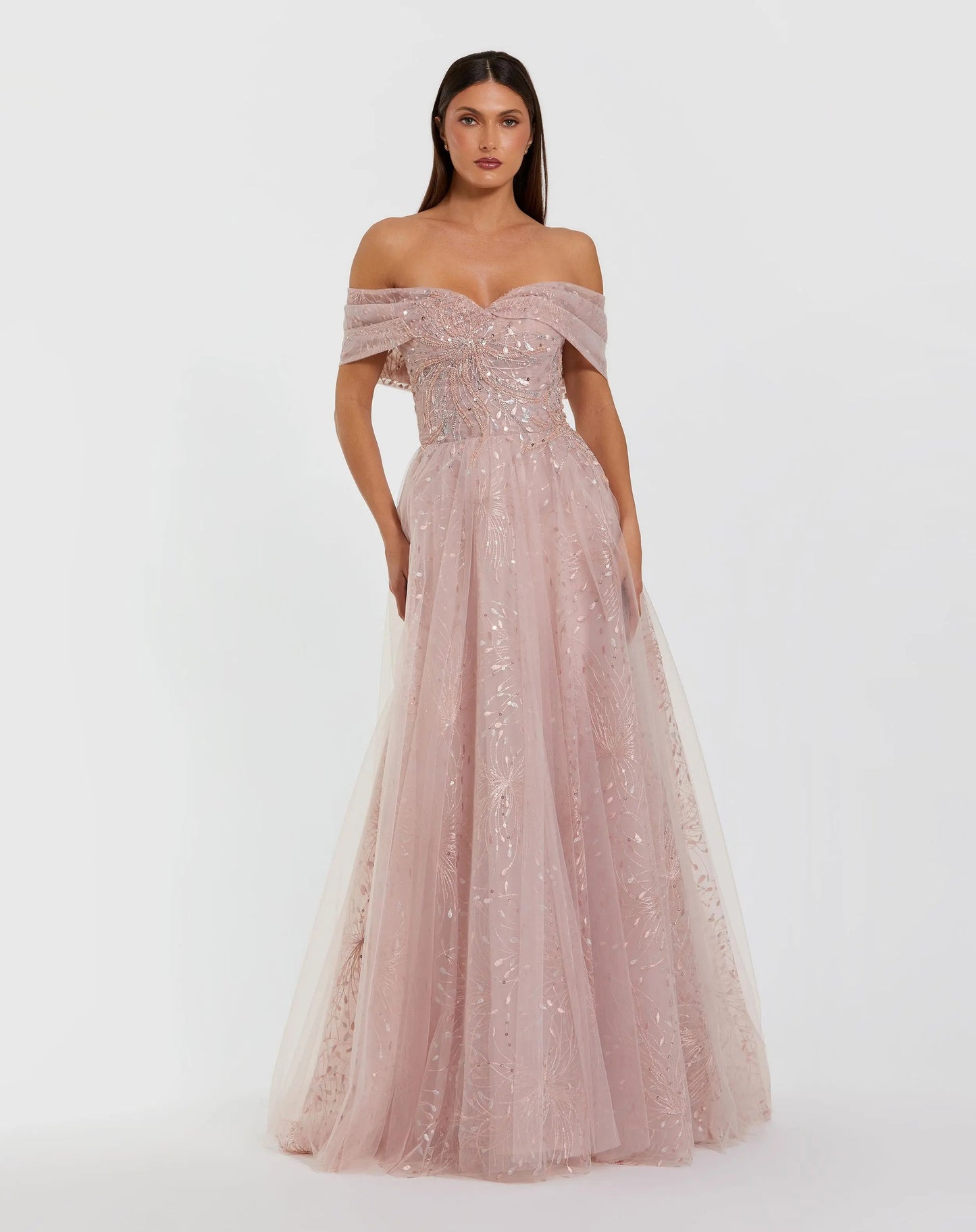 Pink Embroidered Tulle Off The Shoulder Ball Gown
