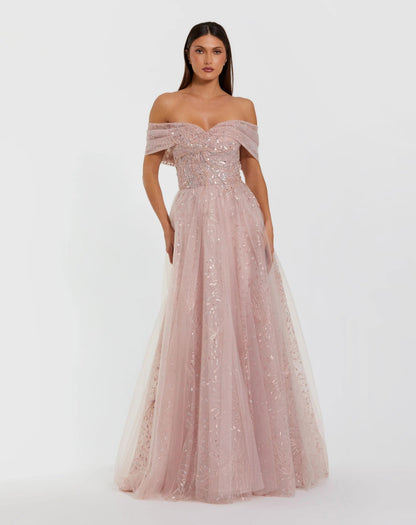 Pink Embroidered Tulle Off The Shoulder Ball Gown