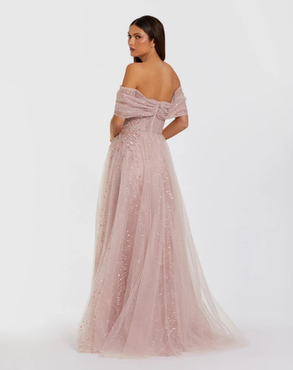 Pink Embroidered Tulle Off The Shoulder Ball Gown