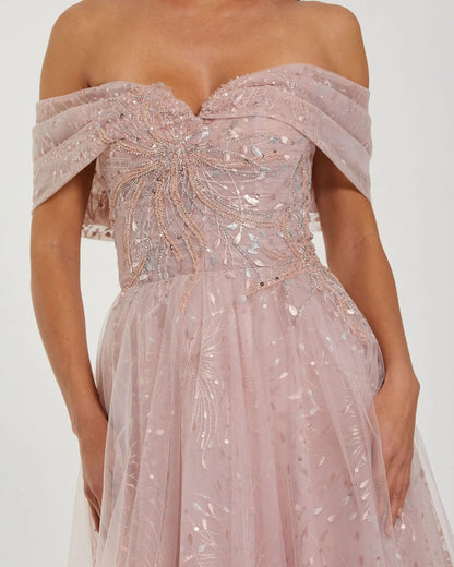 Pink Embroidered Tulle Off The Shoulder Ball Gown