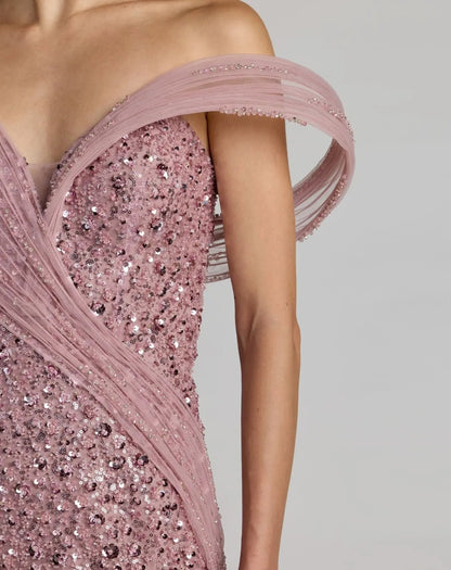 Pink Embellished Strapless Gown With Sculptural Drape