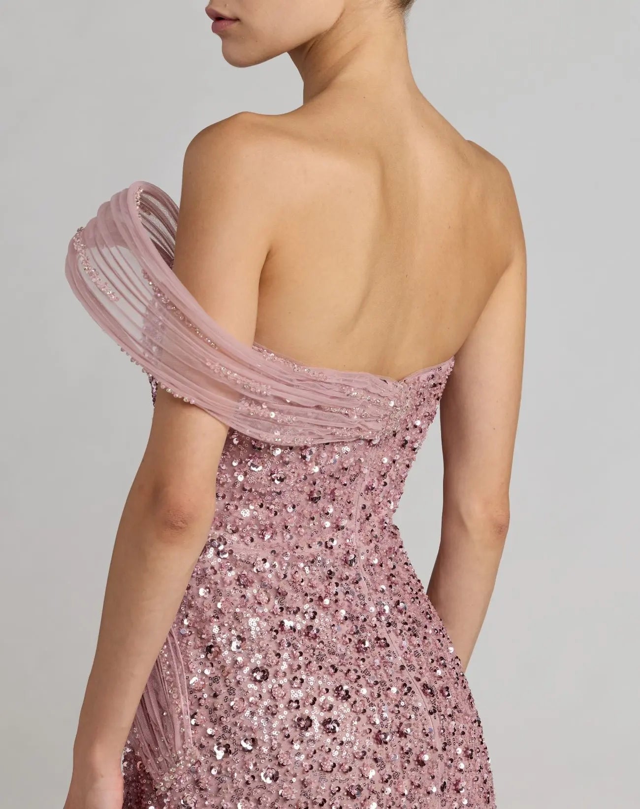 Pink Embellished Strapless Gown With Sculptural Drape